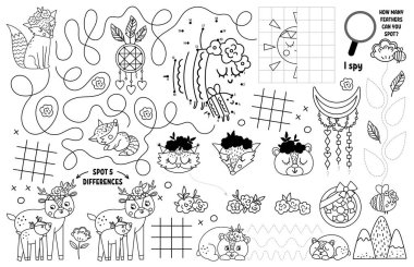 Çocuklar için vektör anneler günü paspası. Aile sevgisi ve barış basılabilir aktivite paspası labirentlerle, tik taktik parmak çizelgeleriyle, noktaları birleştir, farkı bul. Boho siyah beyaz oyun hasırı veya boyama bezi