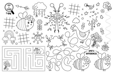 Çocuklar için vektör anneler günü paspası. Aile sevgisi ve barış basılabilir aktivite paspası labirentlerle, tik taktik parmak çizelgeleriyle, noktaları birleştir, farkı bul. Boho siyah beyaz oyun hasırı veya boyama bezi