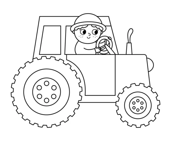 Vector Black White Farmer Driving Tractor Icon Farm Outline Transportation — Stock Vector