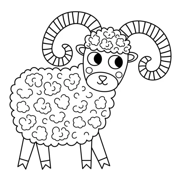 Vektor Schwarz Weißes Rammsymbol Netter Cartoon Männliche Schafe Linie Illustration — Stockvektor