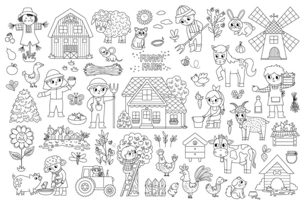 Gran Conjunto Granja Vector Blanco Negro Colección Iconos Línea Rural — Vector de stock