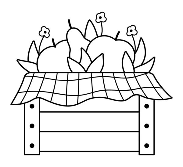 Caixa Madeira Preto Branco Vetorial Com Maçãs Peras Flores Folhas — Vetor de Stock