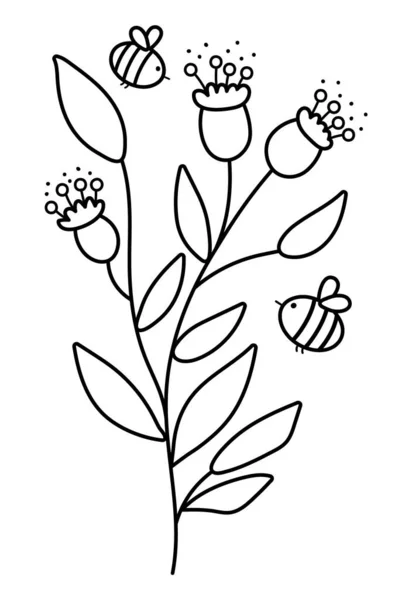 Fekete Fehér Vektor Virágok Méhekkel Vicces Vázlat Illusztráció Vagy Színező — Stock Vector