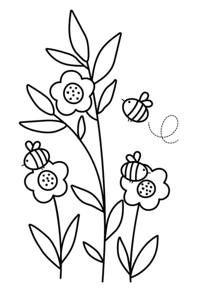 Vetor Flores Pretas Brancas Com Abelhas Desenho Engraçado Ilustração Colorir — Vetor de Stock