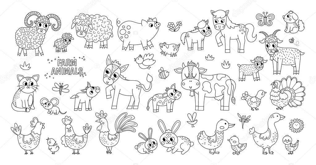 Big black and white vector farm animals set. Big collection with cow, horse, goat, sheep, duck, hen, pig and their babies. Country outline bird illustration pack. Cute mother and baby line icon