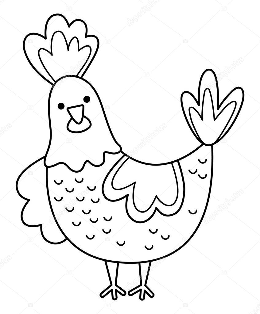 Vector black and white hen icon. Cute cartoon chicken illustration for kids. Outline farm bird isolated on white background. Animal picture or coloring page for childre