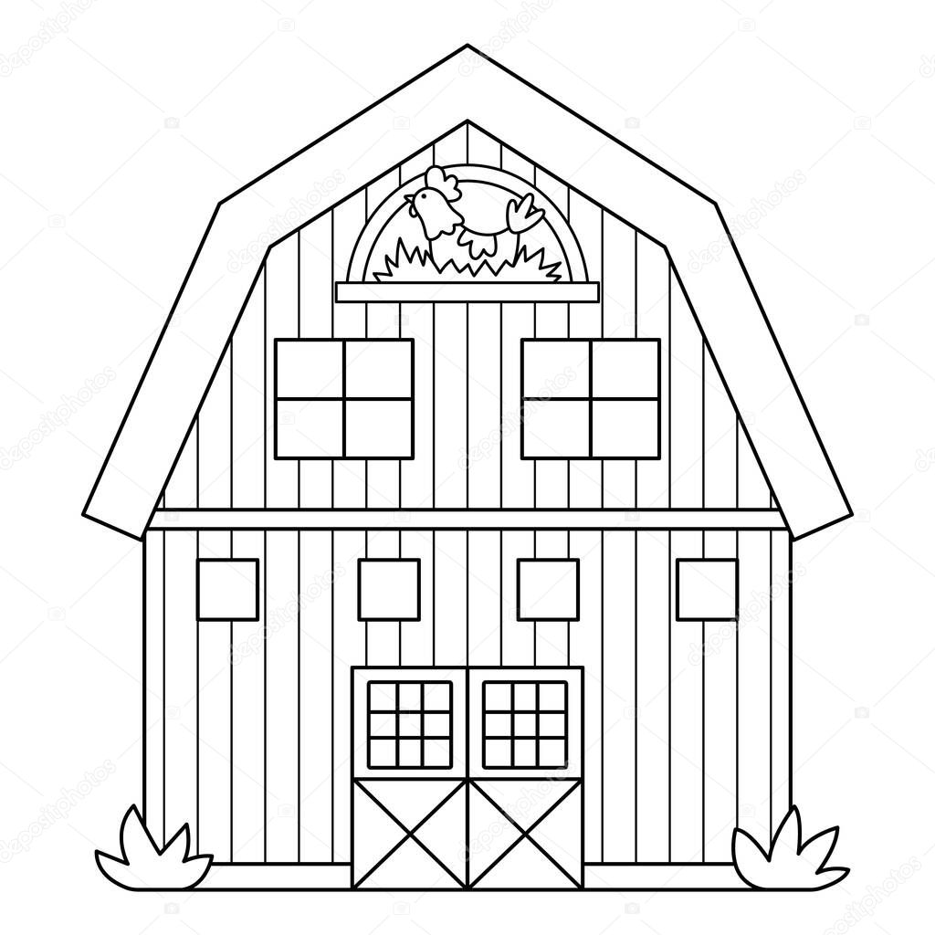 Vector black and white barn icon isolated on white background. Farm shed outline illustration. Cute line woodshed with windows and hen in the nest. Rural garden outhouse coloring page
