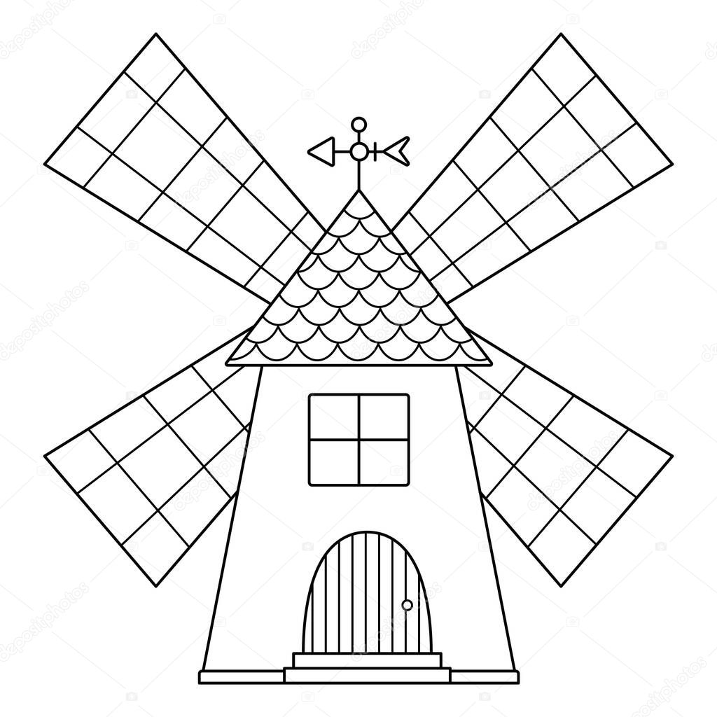 Vector black and white windmill icon isolated on white background. Line wind mill illustration. Cute outline farm house for grinding grain. Rural garden outhouse picture or coloring pag