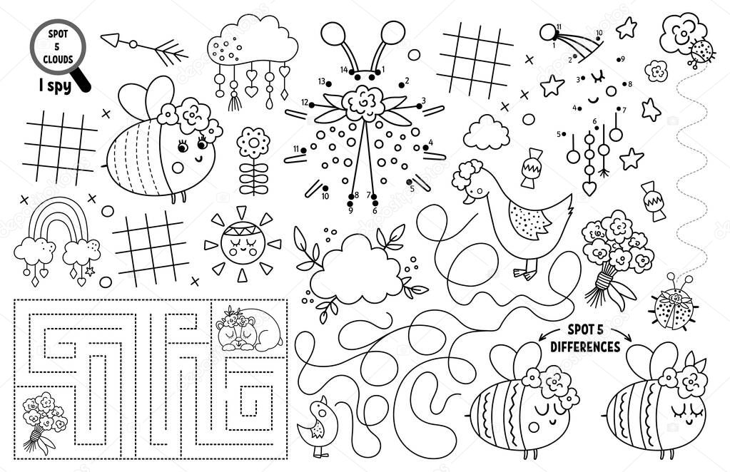 Vector mothers day placemat for kids. Family love and peace printable activity mat with maze, tic tac toe charts, connect the dots, find difference. Boho black and white play mat or coloring pag