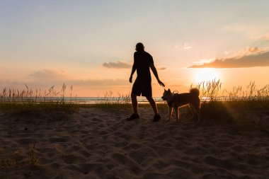 Karanlık anahtar. Gölün sahilinde genç bir adam Shiba Inu 'nun köpeğiyle yürüyor. Akşam gün batımında.