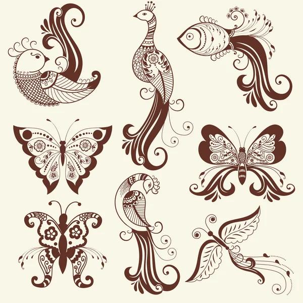 Éléments floraux abstraits vectoriels de style mehndi indien. Illustration vectorielle florale abstraite de henné. Élément de conception . — Image vectorielle