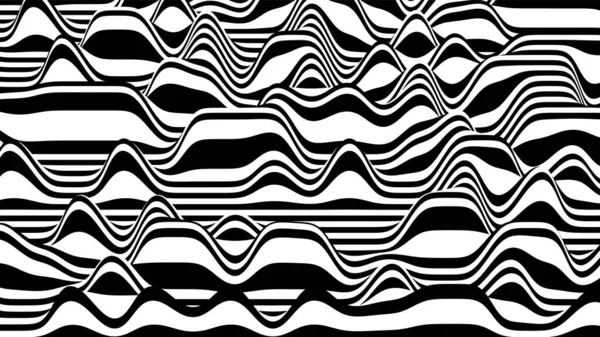 Moda zebra 3D listras preto e branco distorcida pano de fundo. Fundo de ondulação processual com efeito de ilusão óptica — Vetor de Stock