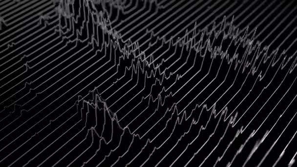 Onda de audio de líneas sobre fondo negro. Oscilación abstracta de las ondas musicales. Visualización futurista de ondas sonoras. Muestra de tecnología de música sintética. Sintonizar impresión. — Vídeos de Stock