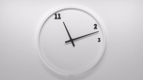 White clock on white backdrop with black numbers and arrows. Numbera appear as arrows goes by. 3d render — Stock Video