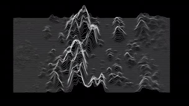 Hanghullámok a fekete háttér vonalairól. Absztrakt zenei hullámok rezgése. Futurisztikus hanghullám vizualizáció. Szintetikus zenei technológia minta. Hangnyomás. — Stock videók