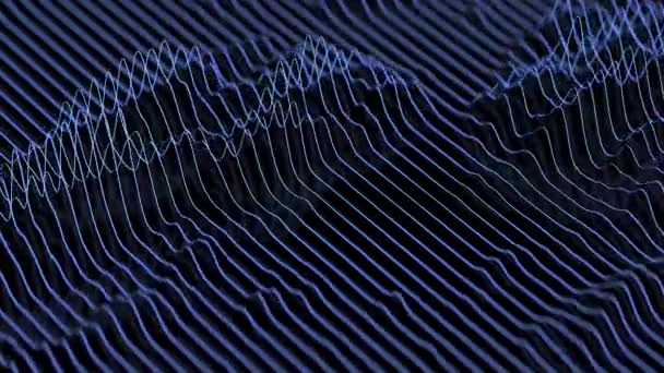 Ηχητικό μπλε κύμααπό γραμμές σε μαύρο ανακλαστικό φόντο. Αφηρημένη ταλάντωση μουσικών κυμάτων. Μελλοντική απεικόνιση ηχητικών κυμάτων. Δείγμα συνθετικής μουσικής τεχνολογίας. — Αρχείο Βίντεο