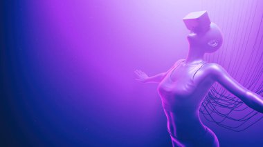 Sanal gerçeklik gözlüklü bir kadın, üzerine kablolar bağlanmış bir şekilde neon uzayda süzülüyor. Metaverse avatar konsepti. Ultraviyole siber punk çizimi. 3d resimleme