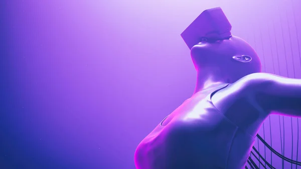 Sanal gerçeklik gözlüklü bir kadın, üzerine kablolar bağlanmış bir şekilde neon uzayda süzülüyor. Metaverse avatar konsepti. Ultraviyole siber punk çizimi. 3d resimleme