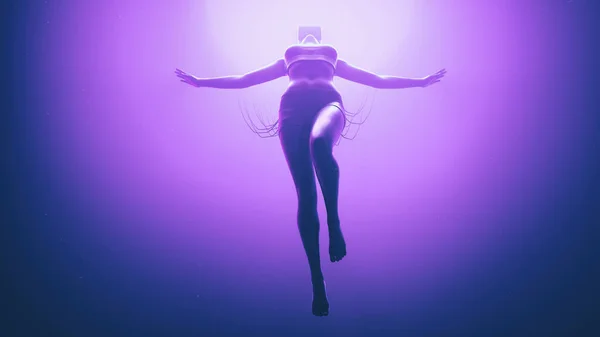 VR gözlüklü bir kadın neon uzayda üzerinde kablolarla süzülüyor. Metaverse avatar konsepti. Ultraviyole siber punk çizimi. 3d resimleme