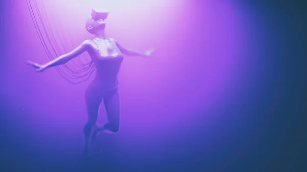 Mujer en gafas VR flotan en el espacio de neón con cables conectados a ella. Concepto de avatar metaverso. Ilustración cyberpunk ultravioleta. ilustración de renderizado 3d — Foto de Stock