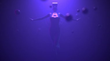 VR gözlüklü bir kadın neon uzayda üzerinde kablolarla süzülüyor. Metaverse avatar konsepti. Ultraviyole siber punk çizimi. Döndürülebilir 3d oluşturucu
