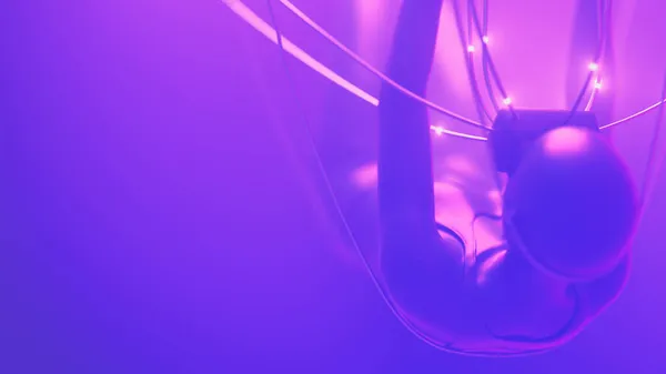 Gözlüklü kadın neon uzaydaki kablolara tutunuyor. Metaverse avatar konsepti. Ultraviyole siber punk çizimi. 3d resimleme — Stok fotoğraf