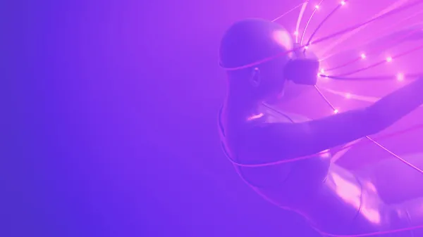 Gözlüklü kadın neon uzaydaki kablolara tutunuyor. Metaverse avatar konsepti. Ultraviyole siber punk çizimi. 3d resimleme
