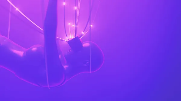 Femme en lunettes VR accrocher sur des câbles dans l'espace néon. Concept d'avatar Metaverse. Illustration cyberpunk ultraviolet. Illustration de rendu 3D — Photo