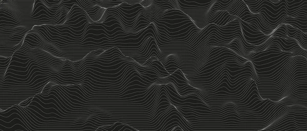 Monochrome geluidslijn golven abstracte achtergrond. Vervormde lijnvormen op een zwarte achtergrond. — Stockvector