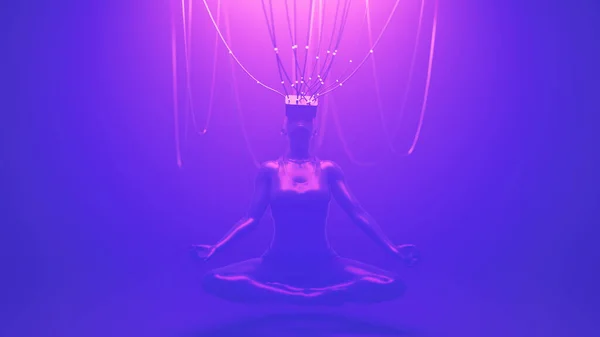 Frau mit VR-Brille in Meditationspose, verbunden mit Kabeln zum Metaversen. Avatar Neon Konzept. Ultraviolette Cyberpunk-Illustration. 3D-Darstellung — Stockfoto