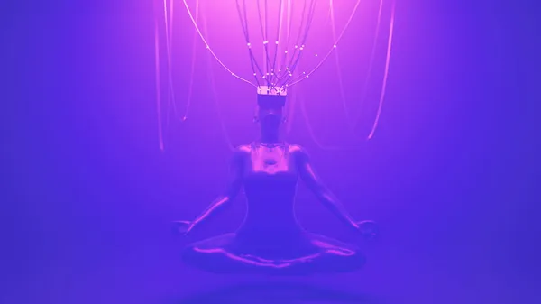 Meditasyondaki VR gözlüklü kadın kablolarla metaevrene bağlı poz veriyor. Avatar neon konsepti. Ultraviyole siber punk çizimi. 3d resimleme