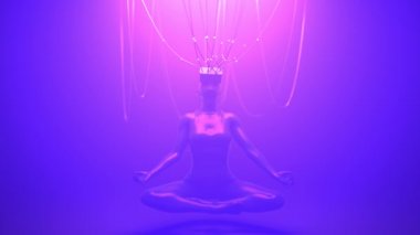 Meditasyondaki VR gözlüklü kadın kablolarla metaevrene bağlı poz veriyor. Avatar neon konsepti. Ultraviyole siber punk döngüsel animasyon.