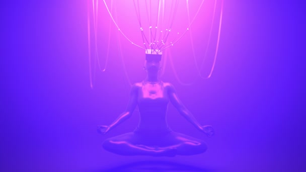 Žena ve VR brýlích v meditační póze spojená s kabely k metaverzi. Avatar neon koncept. Animace ultrafialové cyberpunkové smyčky. — Stock video