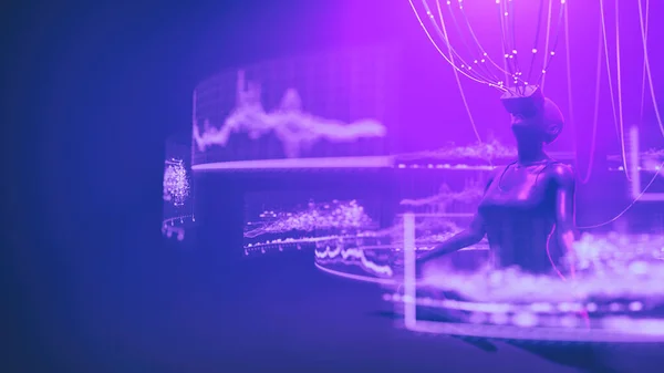 Sanal gerçeklik gözlüklü kadın metaevrende DEX değiş tokuşunda şifreli para ticareti yapıyor. Sanal merkeziyetçilikten arındırılmış gerçeklikteki insan ticareti platformu ile insan etkileşimi. Cyberpunk şifreleme 3d resimleme.