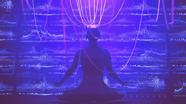 Sanal gerçeklik gözlüklü kadın metaevrende DEX değiş tokuşunda şifreli para ticareti yapıyor. Sanal merkeziyetçilikten arındırılmış gerçeklikteki insan ticareti platformu ile insan etkileşimi. Cyberpunk şifreleme 3d resimleme.