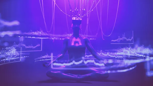 Sanal gerçeklik gözlüklü kadın metaevrende DEX değiş tokuşunda şifreli para ticareti yapıyor. Sanal merkeziyetçilikten arındırılmış gerçeklikteki insan ticareti platformu ile insan etkileşimi. Cyberpunk şifreleme 3d resimleme.