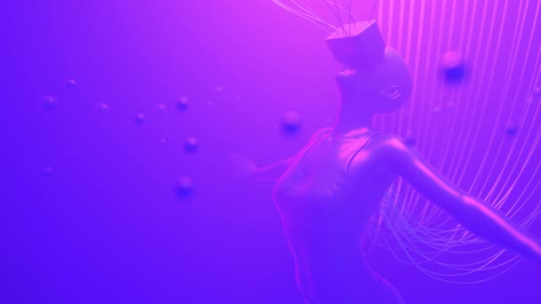 Kvinnan i VR glasögon flyter i neon utrymme med kablar fäst vid henne. Metaverse avatar koncept. Ultraviolett cyberpunk illustration. Loopable 3d render — Stockvideo