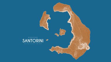 Santorini, Yunanistan 'ın topografik haritası. Adanın vektör detaylı yükseklik haritası. Coğrafi zariflik ana hatları posteri.