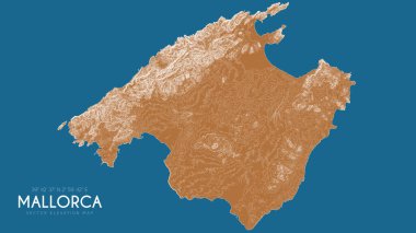 Mallorca 'nın topografik haritası, Balear Adaları, İspanya. Adanın vektör detaylı yükseklik haritası. Coğrafi zariflik ana hatları posteri.