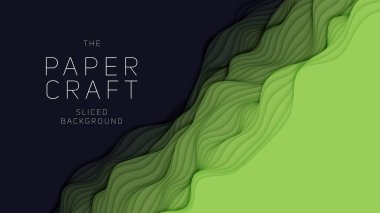 Yeşil kağıt tabaka. Üç boyutlu soyut gradyan kağıt kesiği. Renkli origami biçimi