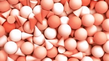 Bir sürü geometrik nesnenin üzerine yatır. Sakinleştirici mercan renginde küreler ve koniler. Dökülen geometrinin üzerinden uç 3D render