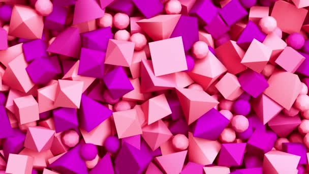 Pan over a lot of geometric objects - pyramids and boxes in calming coral and velvet violet color. Fly over poured geometry 3d render — Stock Video