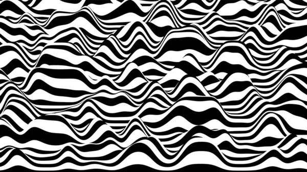 Trendige schwarz-weiße 3D-Streifen verzerrten Hintergrund. Prozeduraler Wellenhintergrund mit optischer Täuschung — Stockvektor