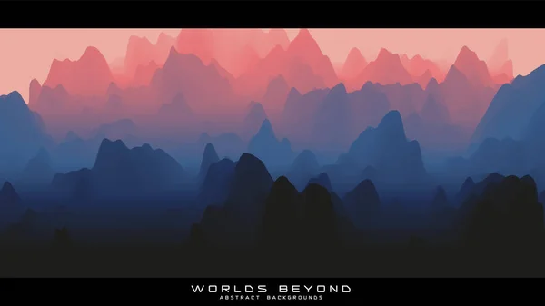 Mlha nad horami. Vektorové krajinné panorama. Abstraktní fialový gradient narušuje terén. Světy za. — Stockový vektor