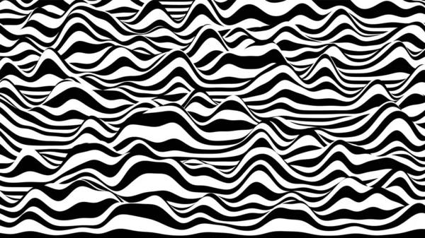 Trendig 3D zebra svart och vita ränder förvrängd bakgrund. Procedurmässig krusning bakgrund med optisk illusion effekt — Stock vektor