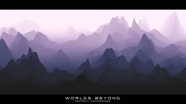 Niebla sobre montañas. Paisaje vectorial. Gradiente violeta abstracto erosionado terreno. Mundos más allá. — Vector de stock