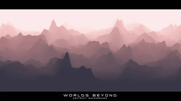 Abstrakt rödaktigt landskap med dimmig dimma till horisonten över bergssluttningar. Lutande eroderad terrängyta. Världen bortom. — Stock vektor
