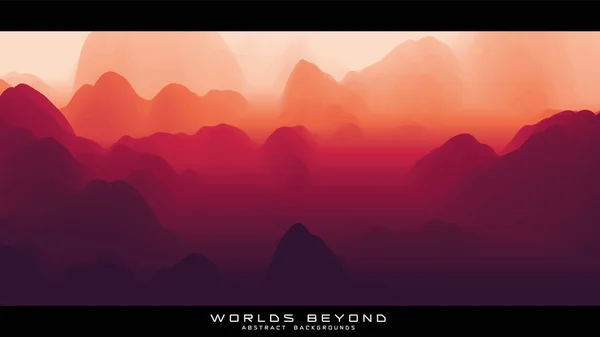 Niebla sobre montañas. Paisaje vectorial. Gradiente rojo abstracto erosionó el terreno. Mundos más allá. — Vector de stock
