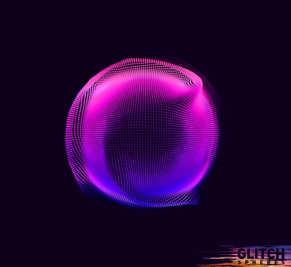 Beschadigde violette puntbol. Abstract vector kleurrijk gaas op donkere achtergrond. Futuristische stijl kaart. — Stockvector