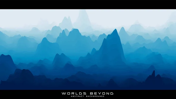 Abstrakt blått landskap med dimmig dimma till horisonten över bergssluttningar. Lutande eroderad terrängyta. Världen bortom. — Stock vektor